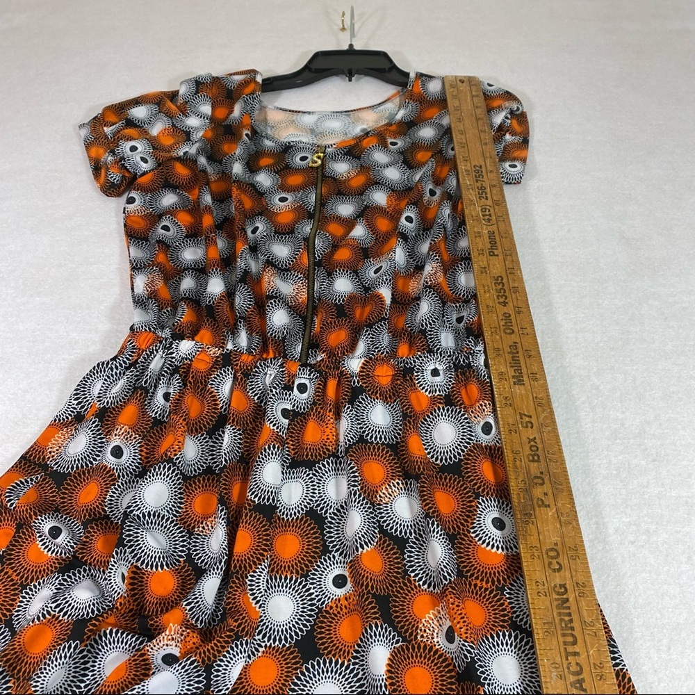 Jumper Jumpsuit Front Zip Elastic Waist Orange Gray circle Print Short Sleeve - Picture 3 of 13